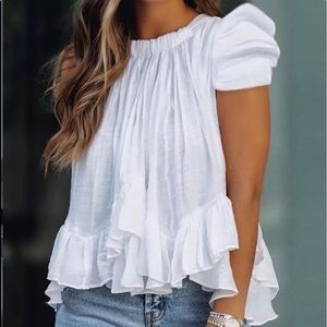 NEW * Puff Sleeve Ruffle Hem Ruched Top